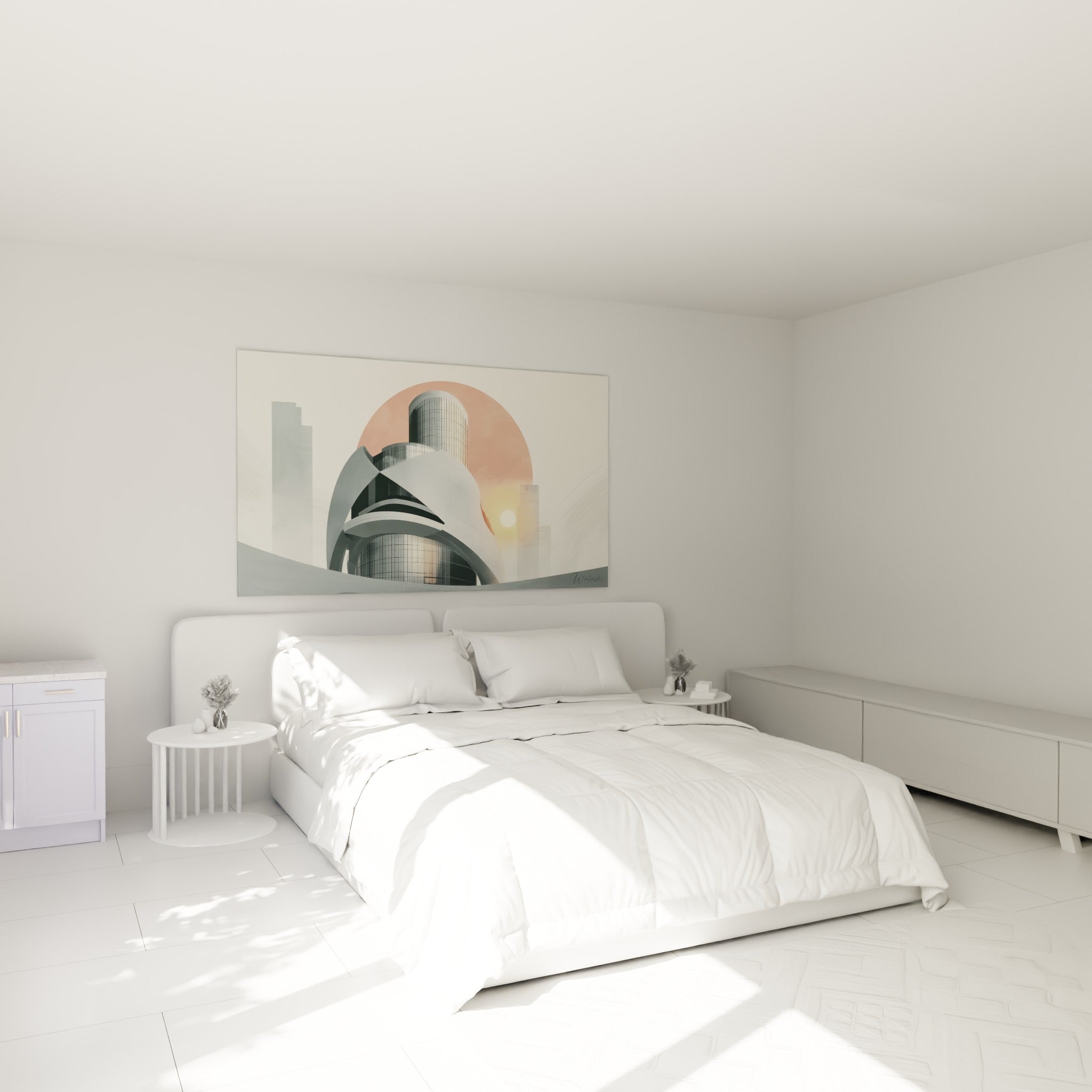 Structure architecturale gris et corail au-dessus d'un lit dans une chambre claire