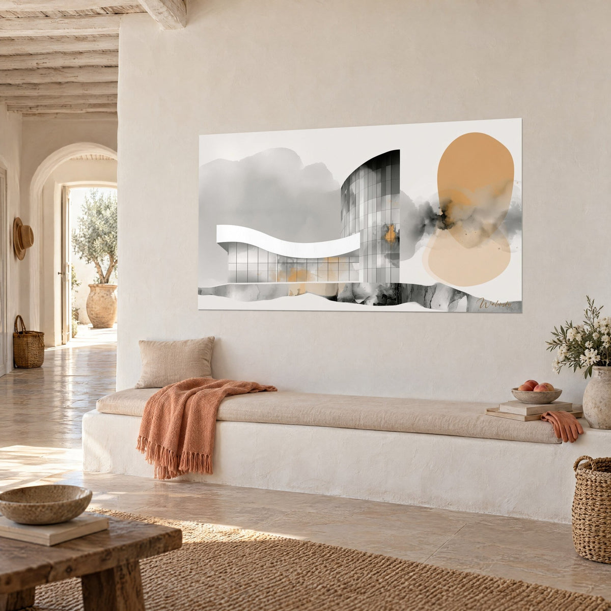 Quadro architettura fluttuante, tetto bianco ondulato e torre di vetro grigio, tocchi ocra, muro a calce di una casa mediterranea