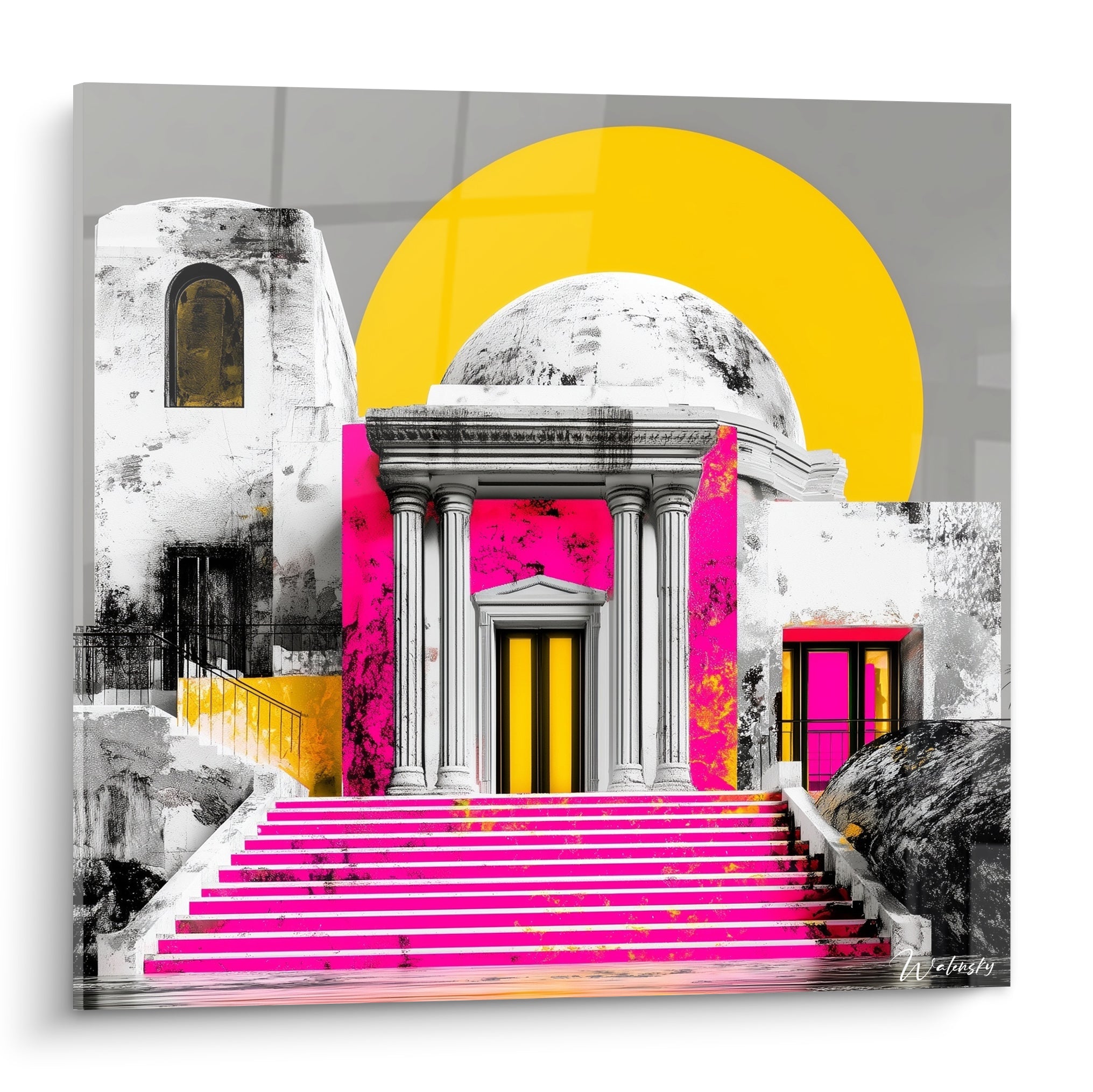 Temple antique aux colonnes blanches, marches fuchsia et soleil jaune sur fond gris anthracite