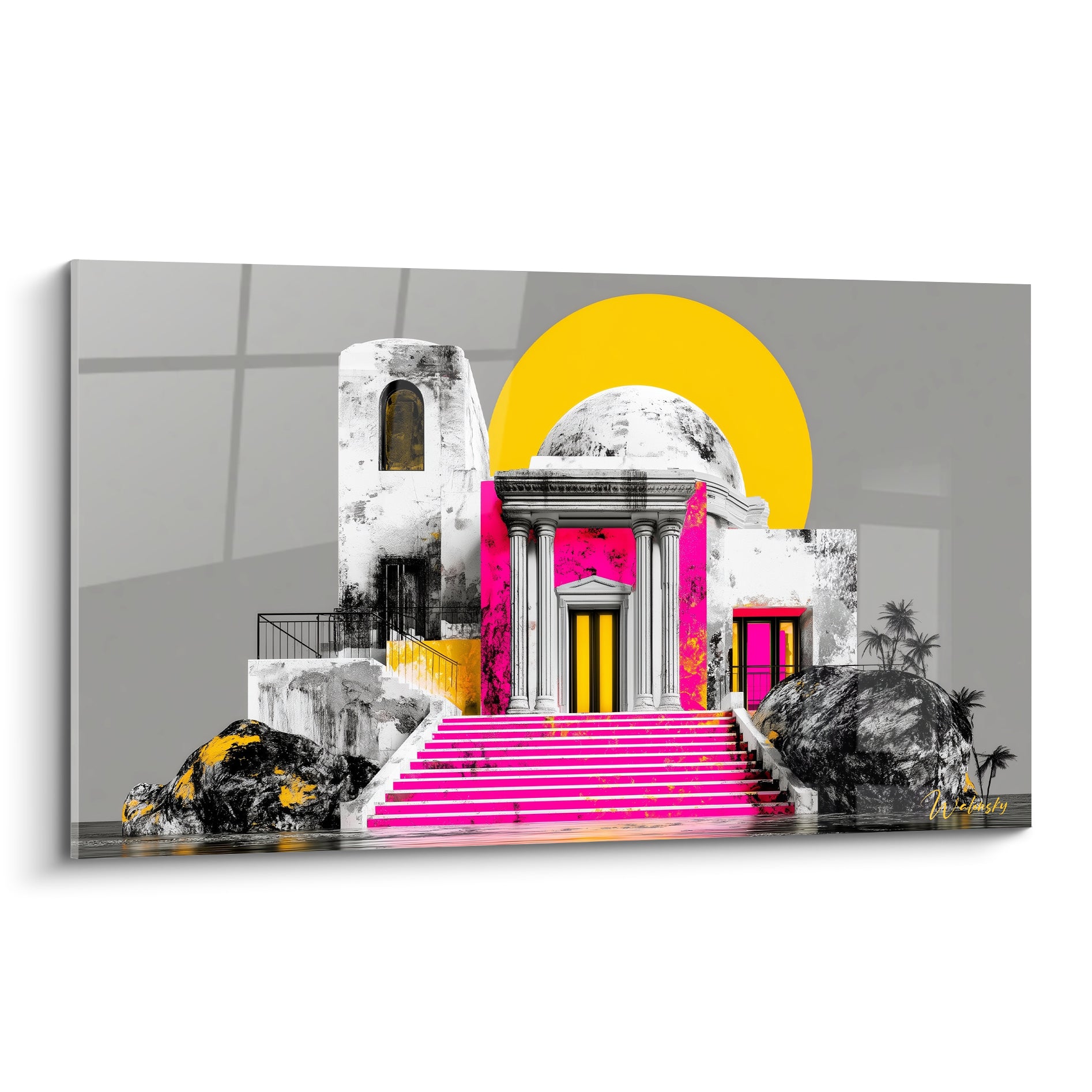 Temple antique aux colonnes grises, escalier fuchsia et soleil jaune, tableau architecture abstraite