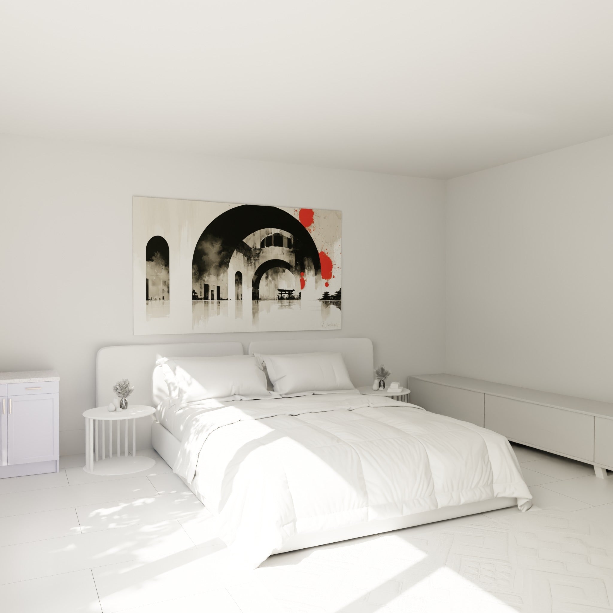 Passage voûté anthracite et taches rouge vif du tableau architecture abstraite au-dessus d'un lit dans une chambre claire