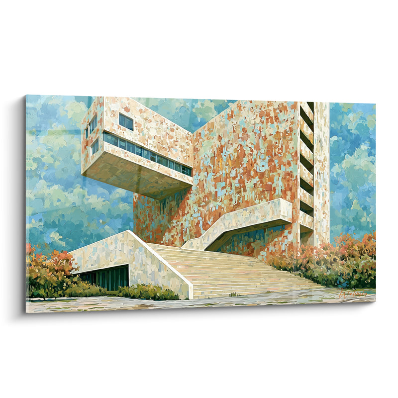 Brutalist Building Terracotta and Sky Blue Artwork - Monumental Ascension - Abstract Architecture Edition