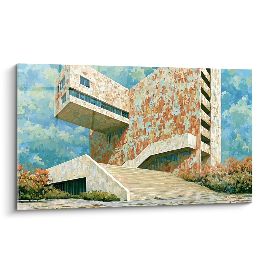 Tableau Bâtiment brutaliste terracotta et bleu ciel - Ascension monumentale - Edition Architecture abstrait