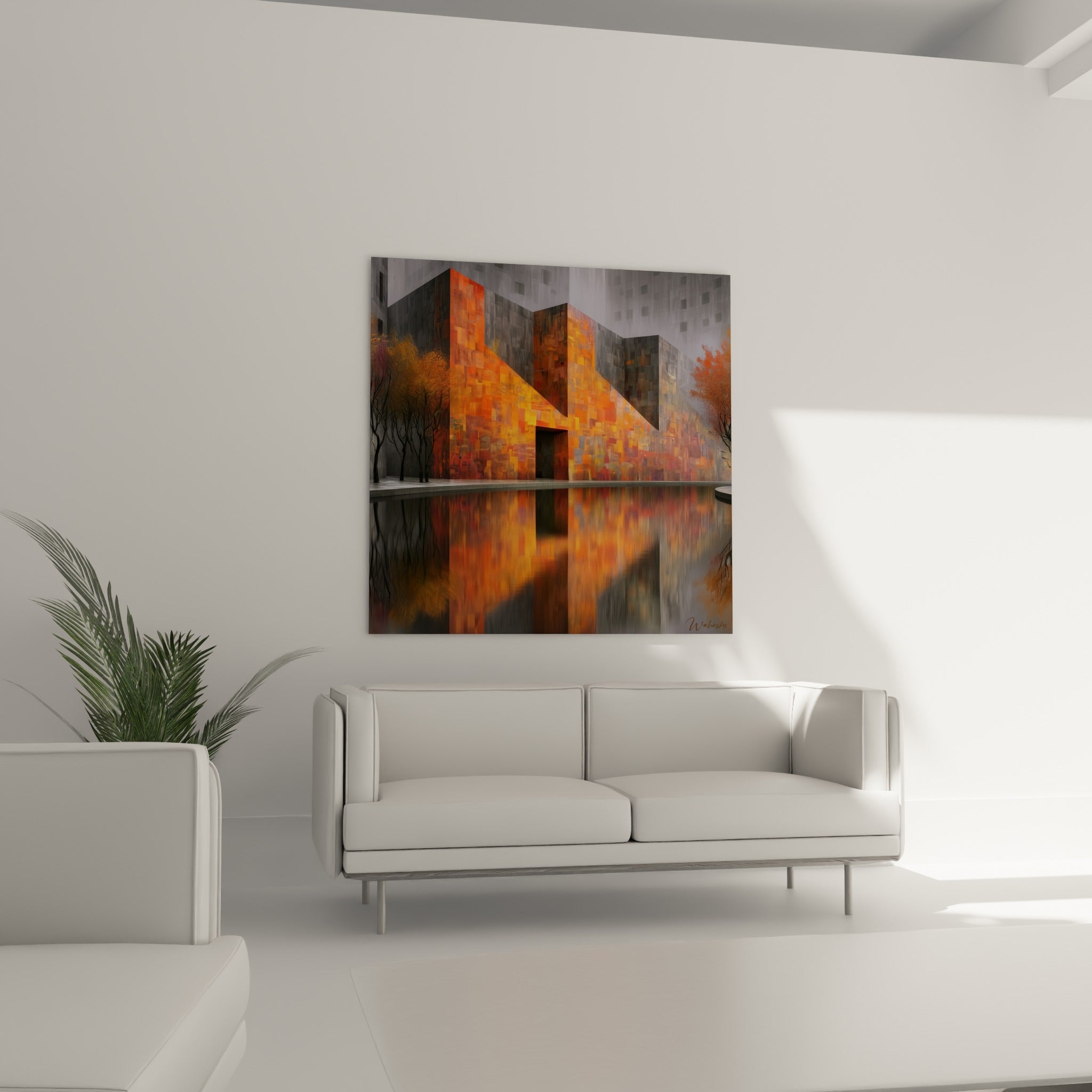 Construction géométrique aux teintes fauve et grise, tableau architecture abstrait au-dessus d'un canapé dans un salon lumineux