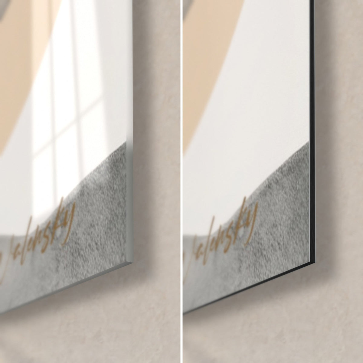 Quadro edificio astratto grigio e ocra, angolo in basso a destra: vetro acrilico lucido a sinistra, Dibond opaco a destra, spessore 3 mm
