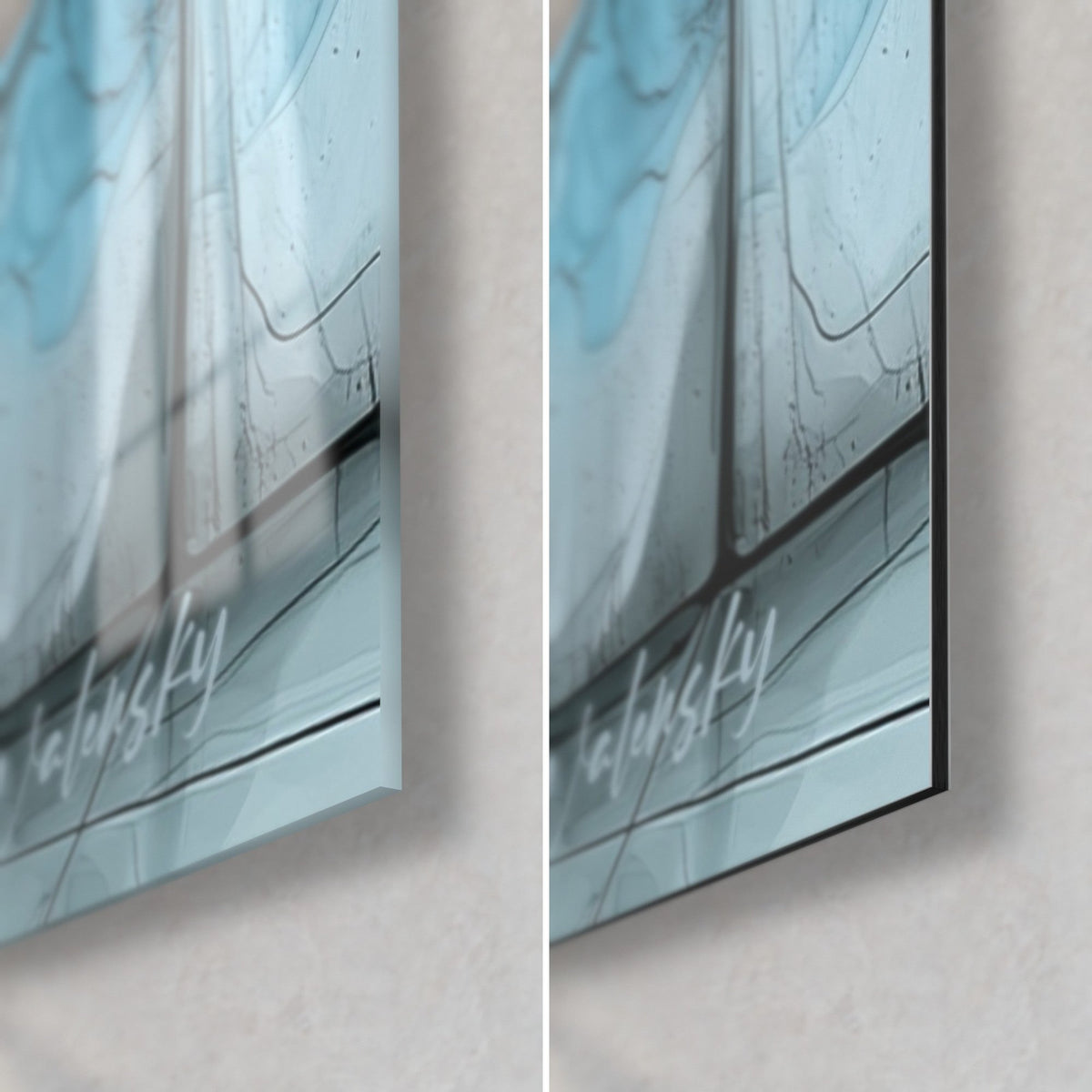 Schilderij gebogen gebouw in lichtblauw en wit, rechter onderhoek, glanzend glas links, mat zwart Dibond rechts, rand van 3 mm