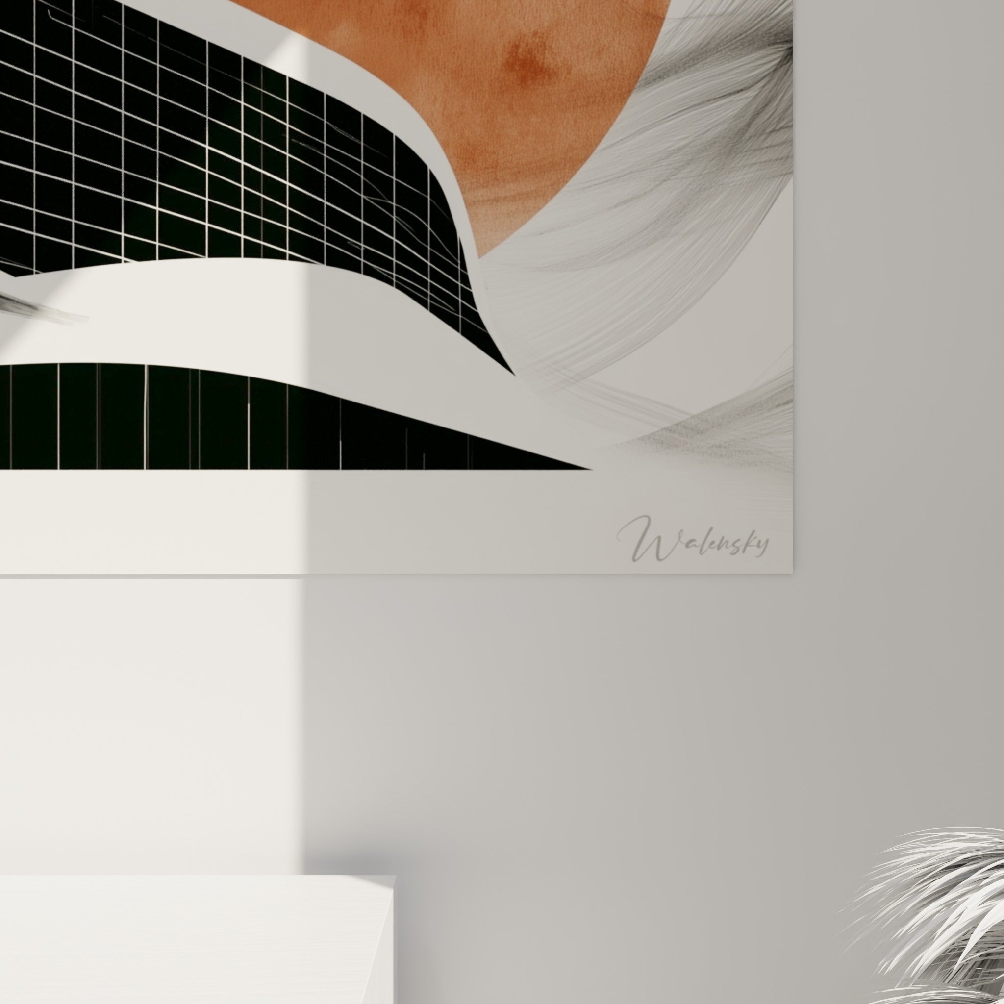 Détail de l'aquarelle terracotta et du quadrillage noir texturé de cette architecture abstrait