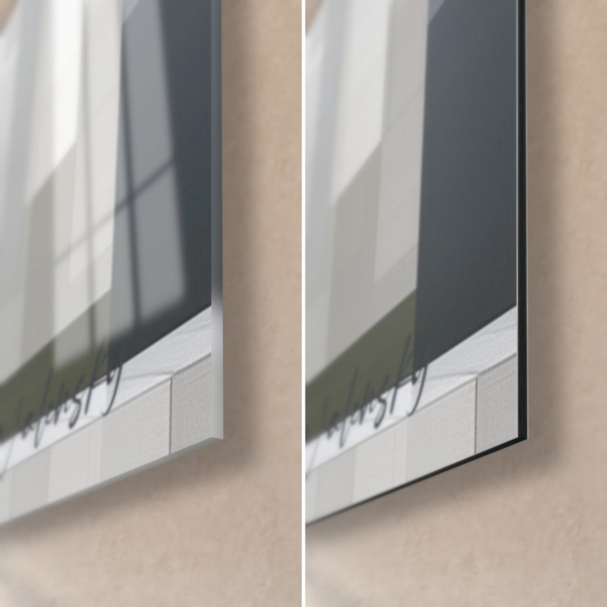 Quadro architettura astratta, angolo in basso a destra: vetro acrilico lucido a sinistra, Dibond grigio opaco a destra, spessore 3 mm