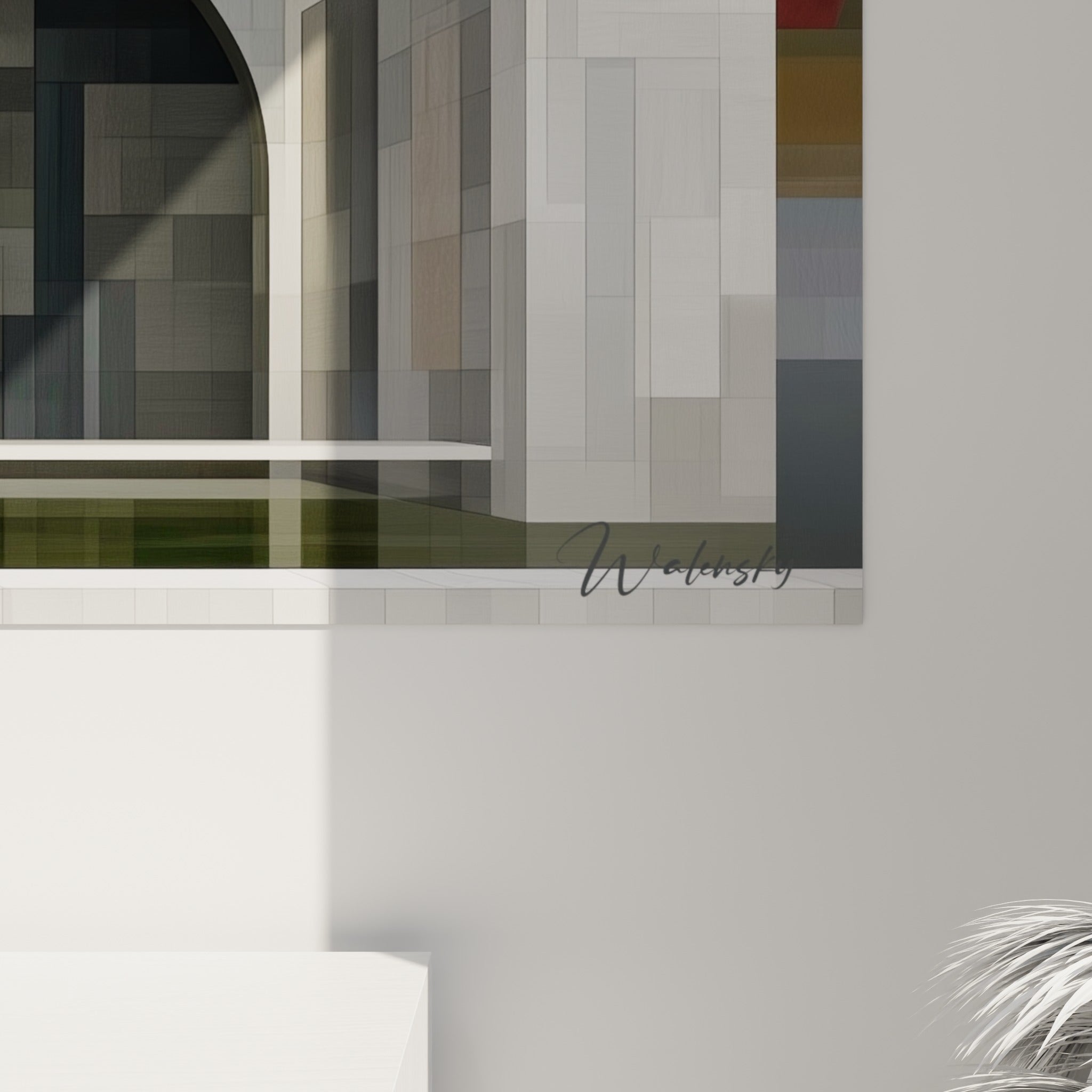 Empâtements gris et doré sur la toile, textures minérales et lignes nettes visibles de près sur l'œuvre