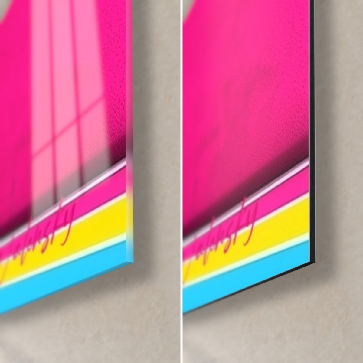 Cuadro arquitectura rosa vivo, esquina inferior derecha: cristal acrílico brillante que refleja la ventana, Dibond mate amarillo y azul, canto de 3 mm