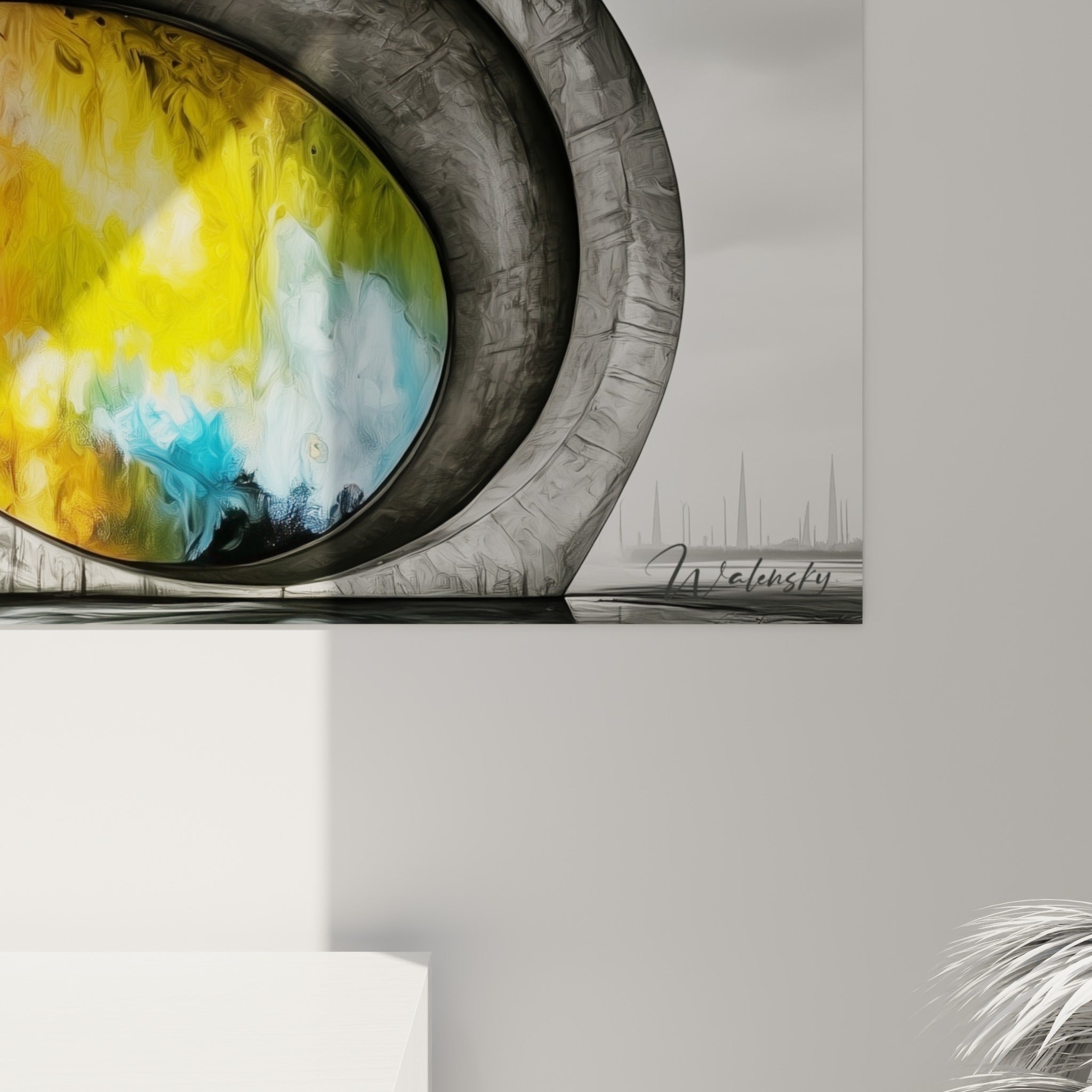 Détail du béton texturé gris anthracite où se mêlent coulures jaunes, roses et bleu turquoise en gros plan