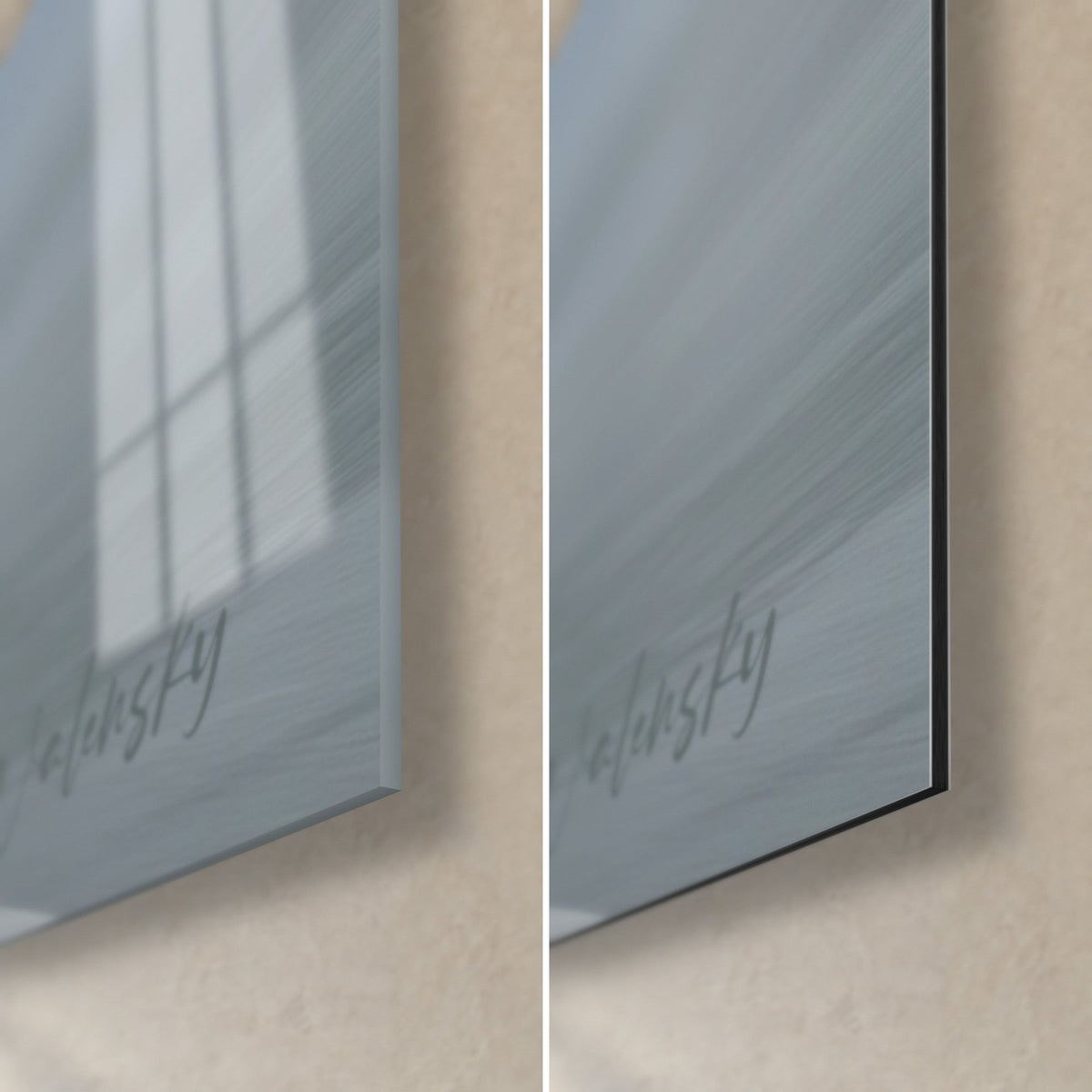 Tableau voie sinueuse bleu ardoise et doré, coin bas droit : verre acrylique brillant à gauche, alu Dibond mat à droite, tranche de 3 mm