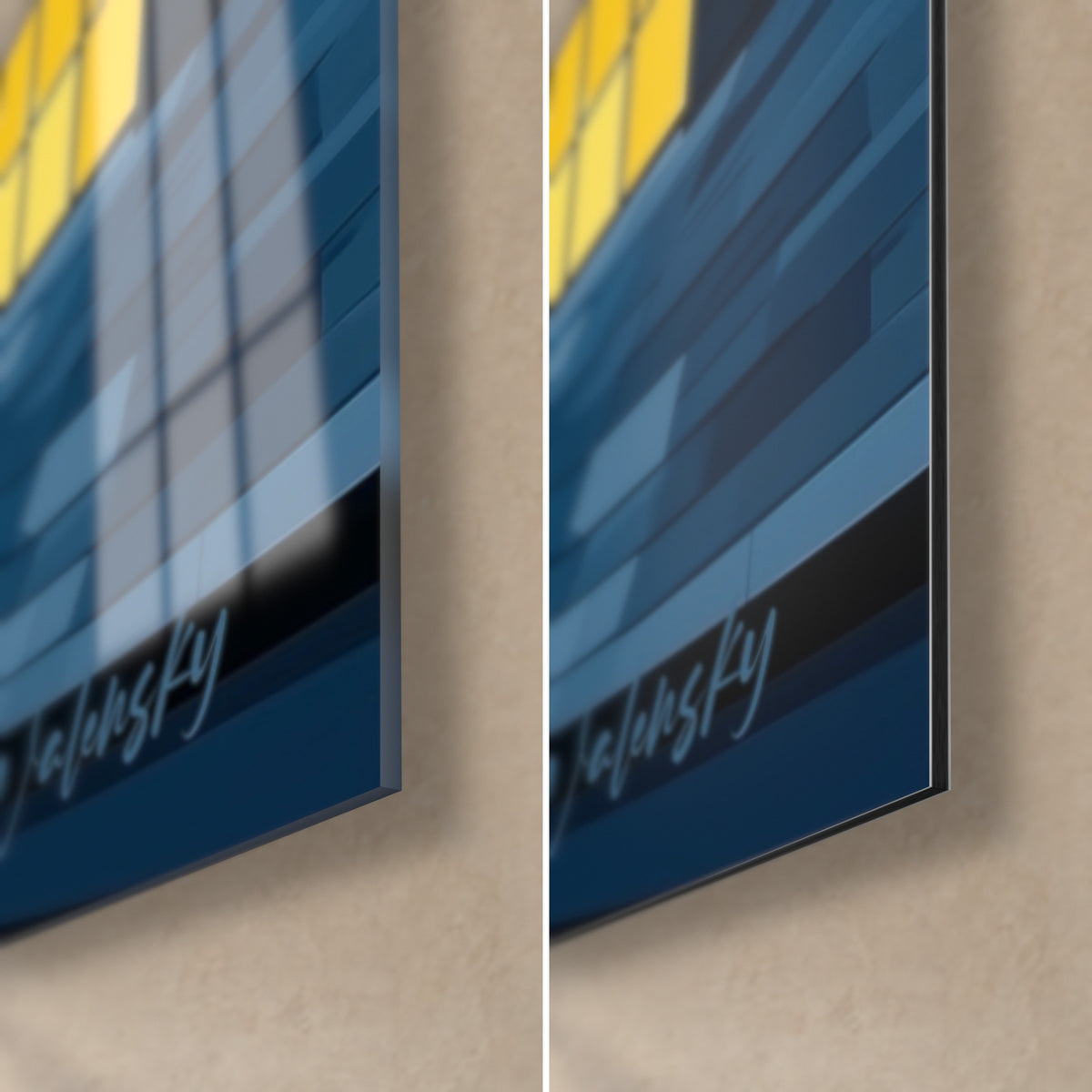 Quadro edificio dai mattoni blu, angolo in basso a destra: vetro acrilico lucido con riflessi a sinistra, Dibond opaco a destra, bordo sottile