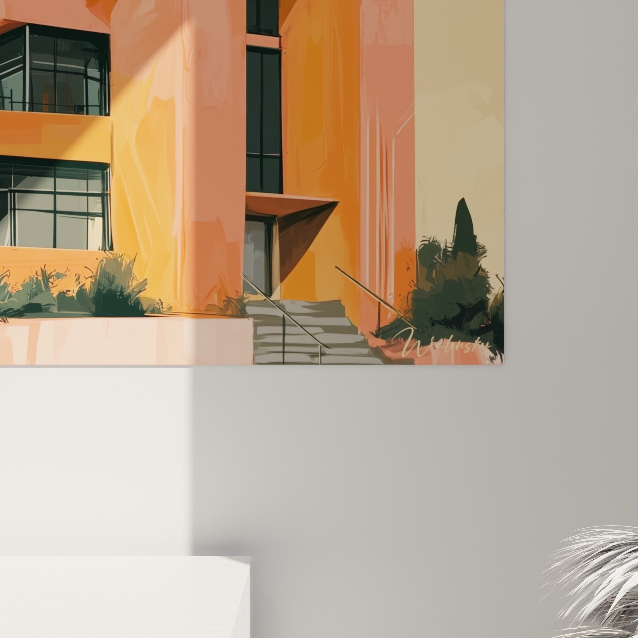 Détail des empâtements orangés et des touches anthracite sur la façade peinte de la villa corail