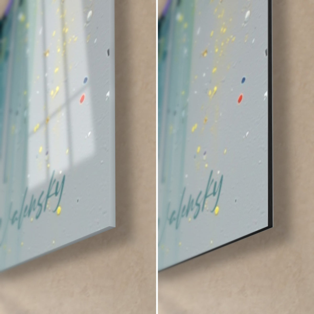 Tableau tours urbaines en peinture, coin bas droit gris bleuté, verre brillant à gauche, Dibond mat à droite, tranche de 3 mm