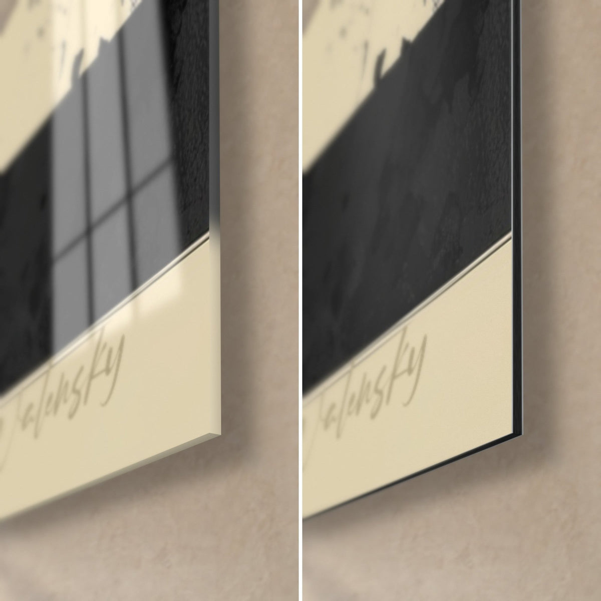 Quadro edificio nero con schizzi gialli, angolo in basso a destra: vetro lucido con riflessi, Dibond beige opaco, bordo nero di 3 mm