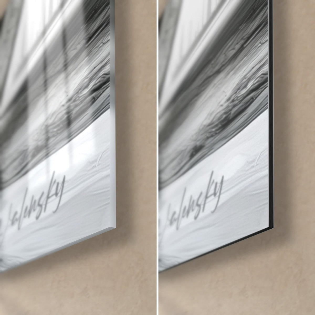 Tableau architecture en noir et blanc, coin bas droit : verre acrylique brillant et reflets, alu Dibond mat, tranche de 3 mm