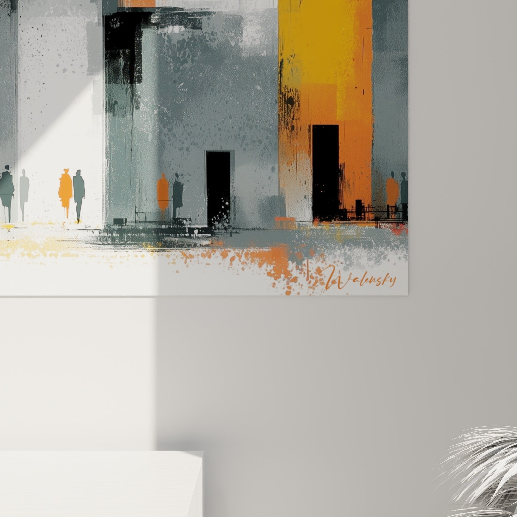 Grain pictural rapproché révélant coulures grises, éclats orange et empâtements rouges sur la toile