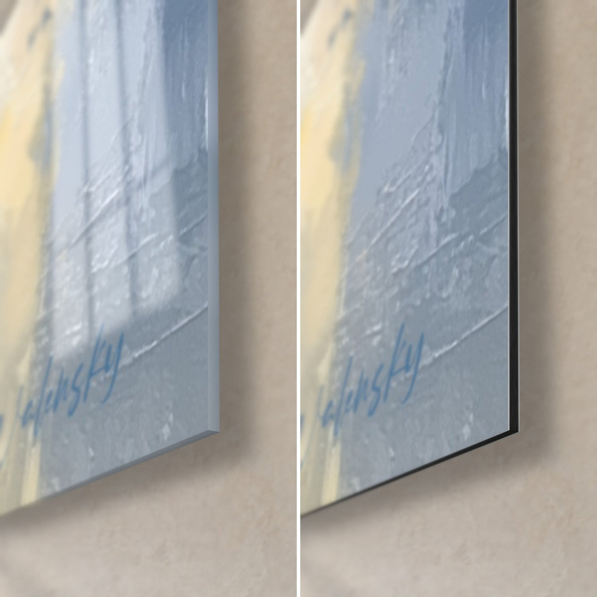 Cuadro de bloques urbanos en amarillo y violeta, esquina inferior derecha en cristal acrílico brillante y aluminio Dibond negro mate, canto de 3 mm