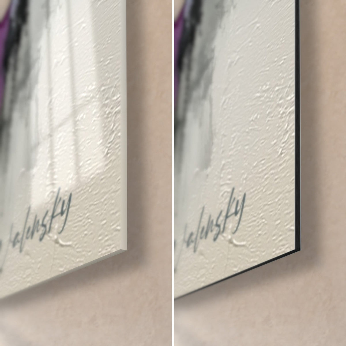 Tableau silhouettes sur un pont, empâtements blancs et lilas, coin bas droit en verre brillant et Dibond mat, tranche 3 mm