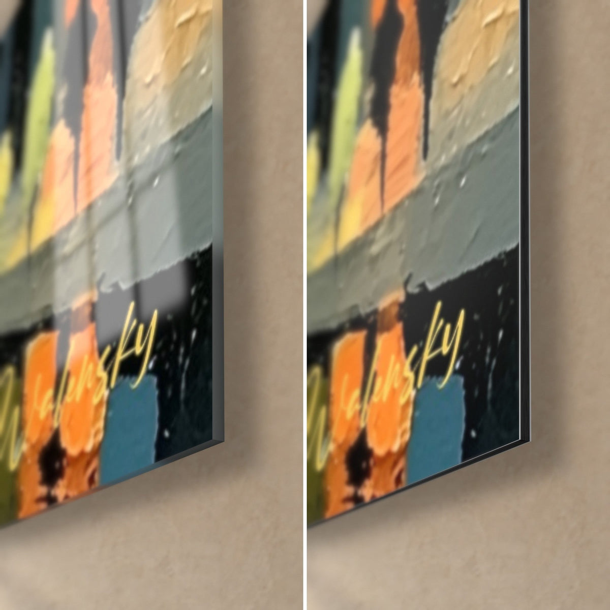 Tableau promenade nocturne aux reflets orange et violet, coin bas droit, verre acrylique brillant et Dibond mat, tranche 3 mm
