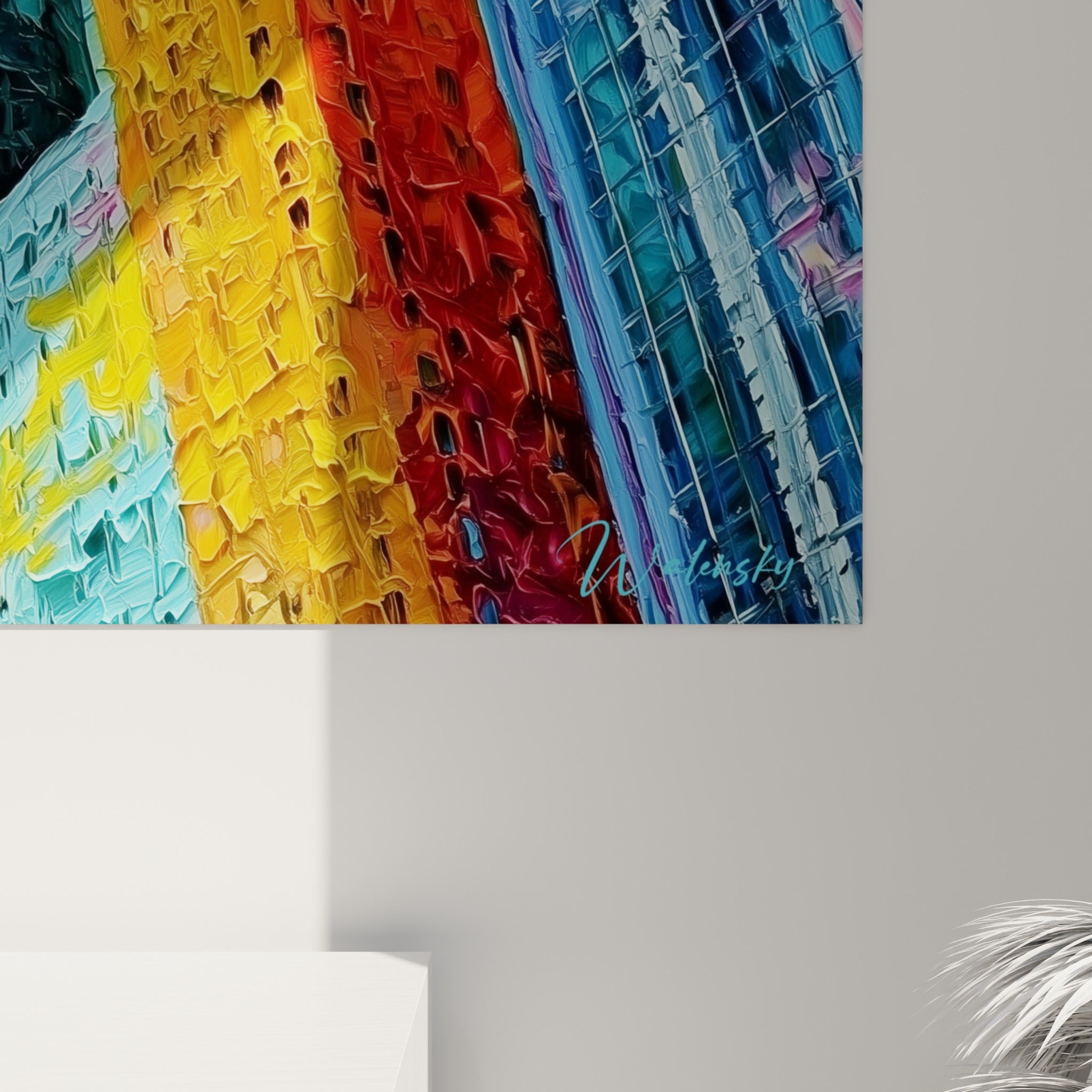 Empâtements épais orange, rose et bleu pétrole révélant la matière de cette architecture abstrait peinte au couteau