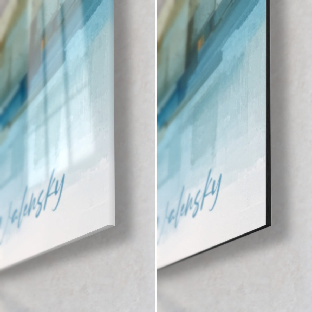 Wall art abstract watercolor in blue and gold, bottom right corner: glossy acrylic glass on the left, matte Dibond on the right, 3 mm edge