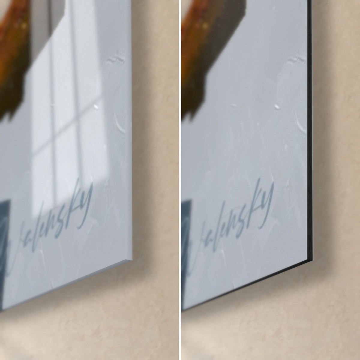 Gemälde Sonnenfinsternis-Scheibe, graublaue und ockerfarbene untere rechte Ecke: glänzendes Acrylglas links, mattes Dibond rechts, 3 mm Kante