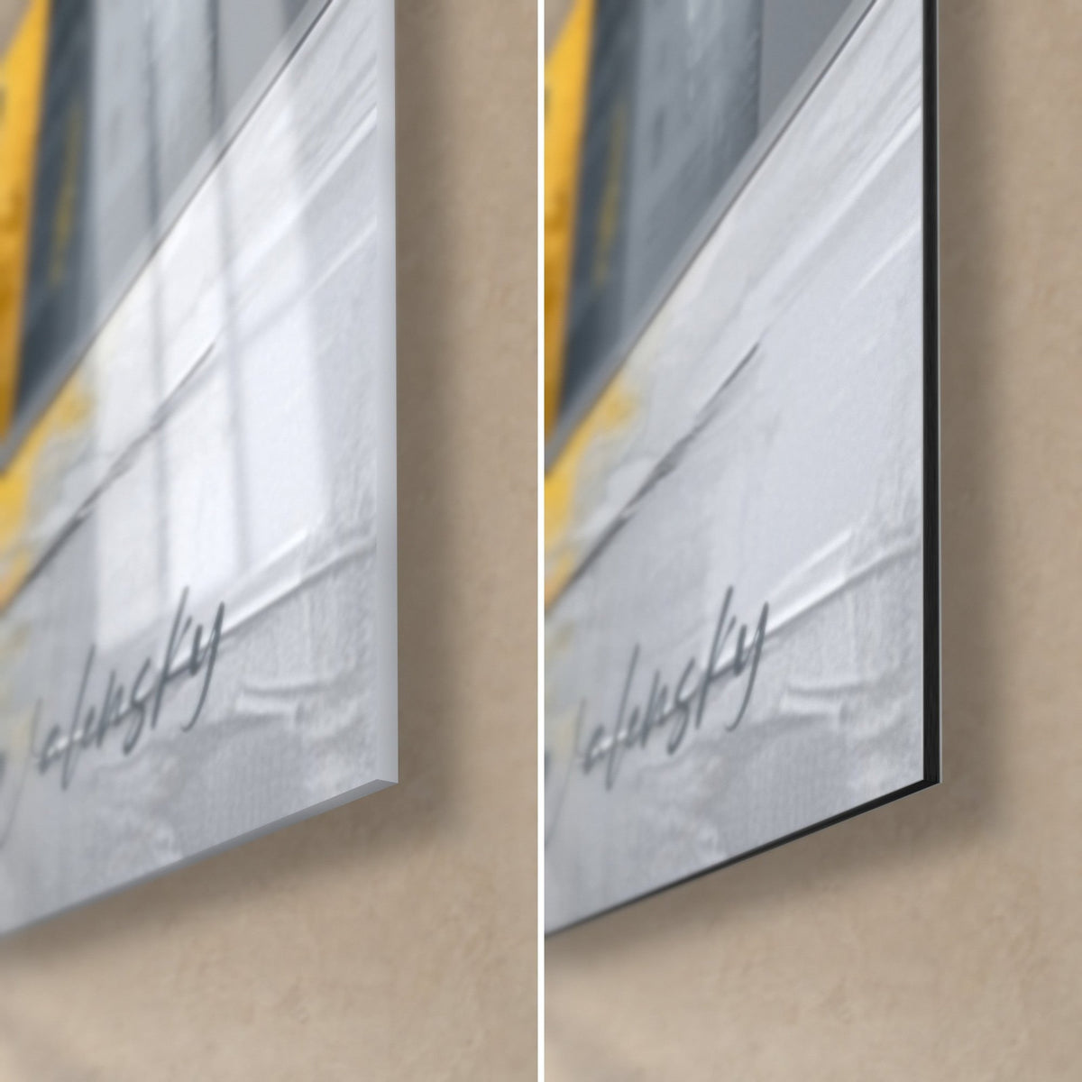 Tableau gratte-ciel abstraits, coin bas droit : verre acrylique brillant à gauche, alu Dibond mat noir à droite