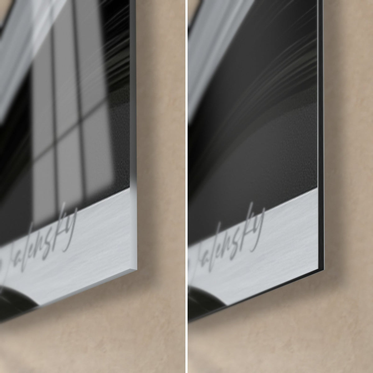 Wall art with a black and gold wave over architecture, bottom right corner: glossy acrylic glass on the left, matte grey Dibond on the right, 3 mm edge