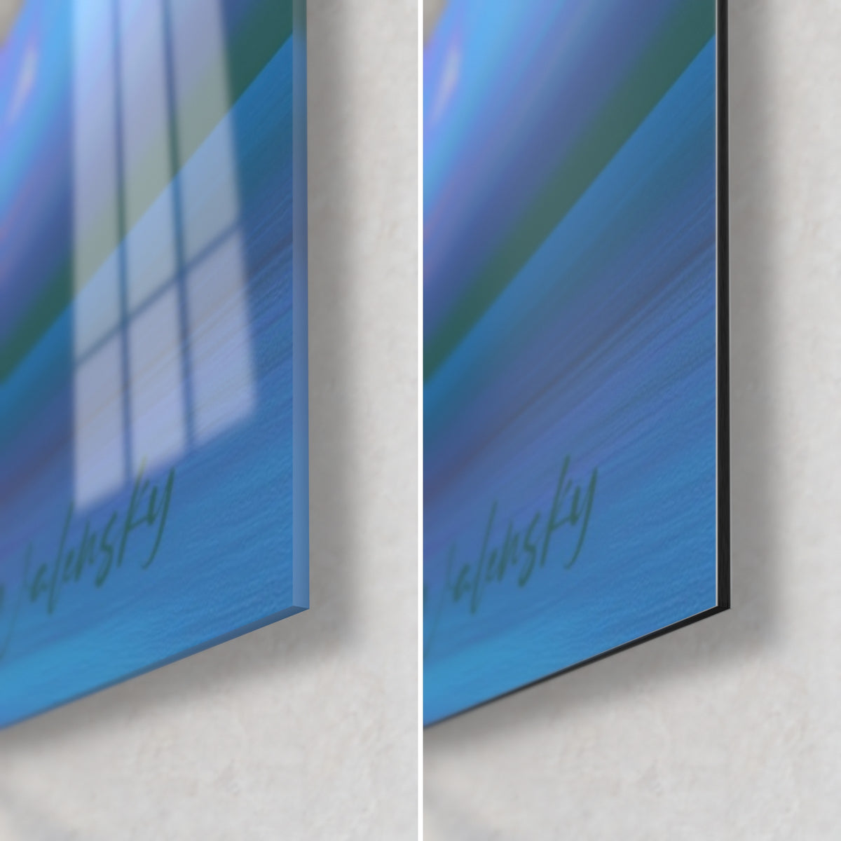 Gemälde Treppe in Violett und Gelb, untere rechte Ecke: glänzendes Acrylglas mit blauen Reflexen, mattschwarzes Dibond-Aluminium, 3 mm Stärke