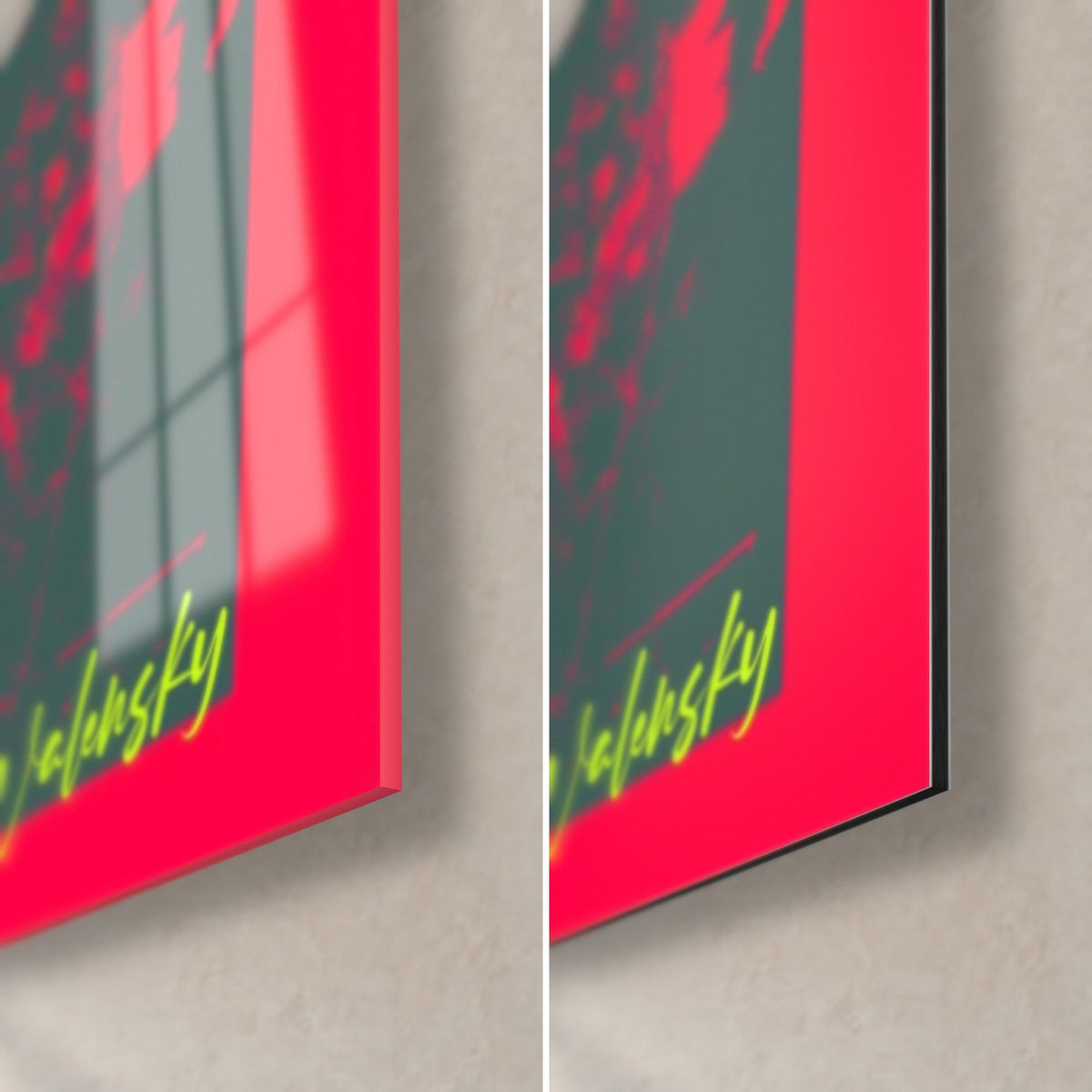 Quadro edificio sospeso in rosa fluo e verde anice, angolo in basso a destra: vetro acrilico lucido a sinistra, alluminio Dibond opaco a destra, bordo di 3 mm