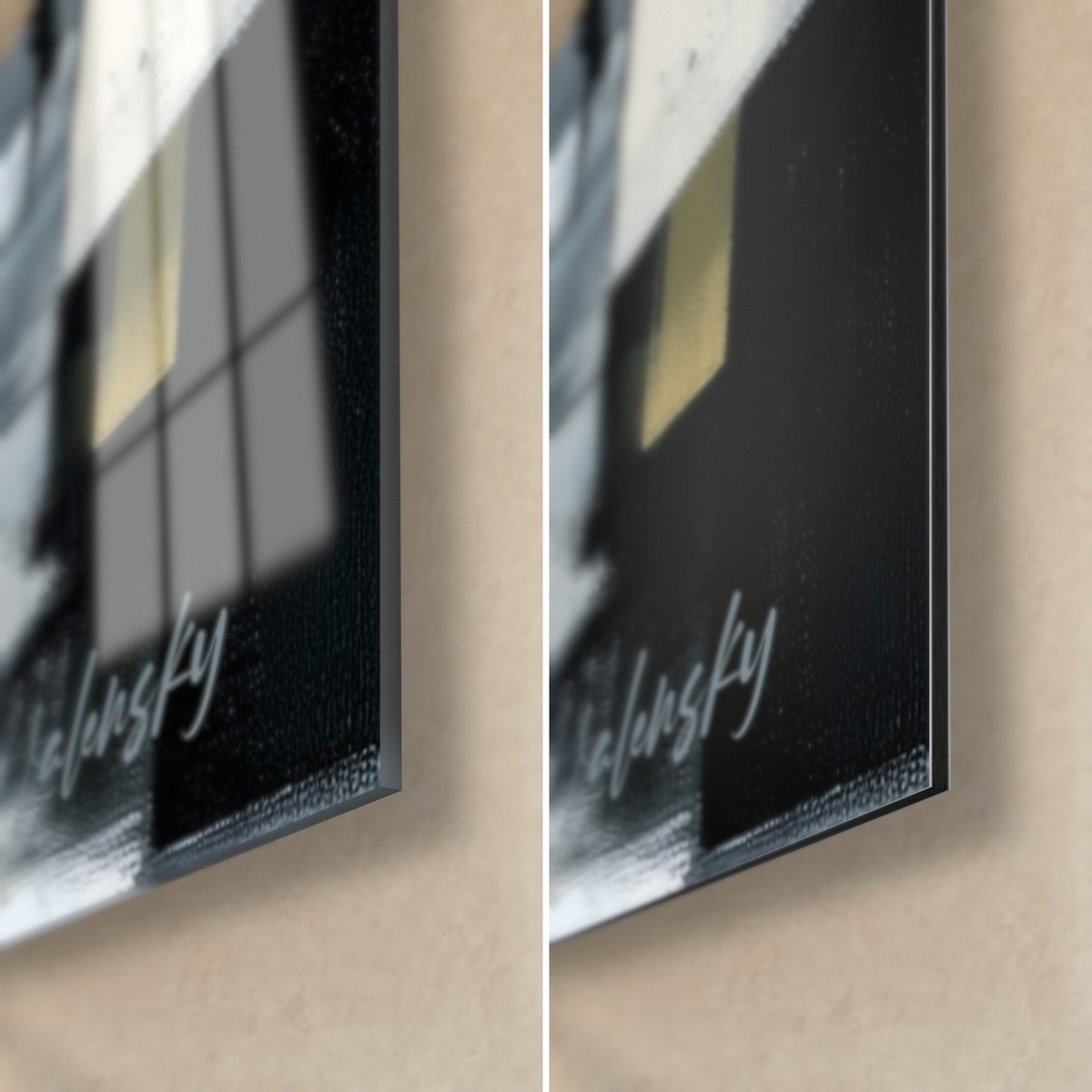 Schilderij Abstracte architectuur, rechtsonder: zwart en geel blok onder glanzend glas dat het raam weerspiegelt, mat Dibond, rand van 3 mm