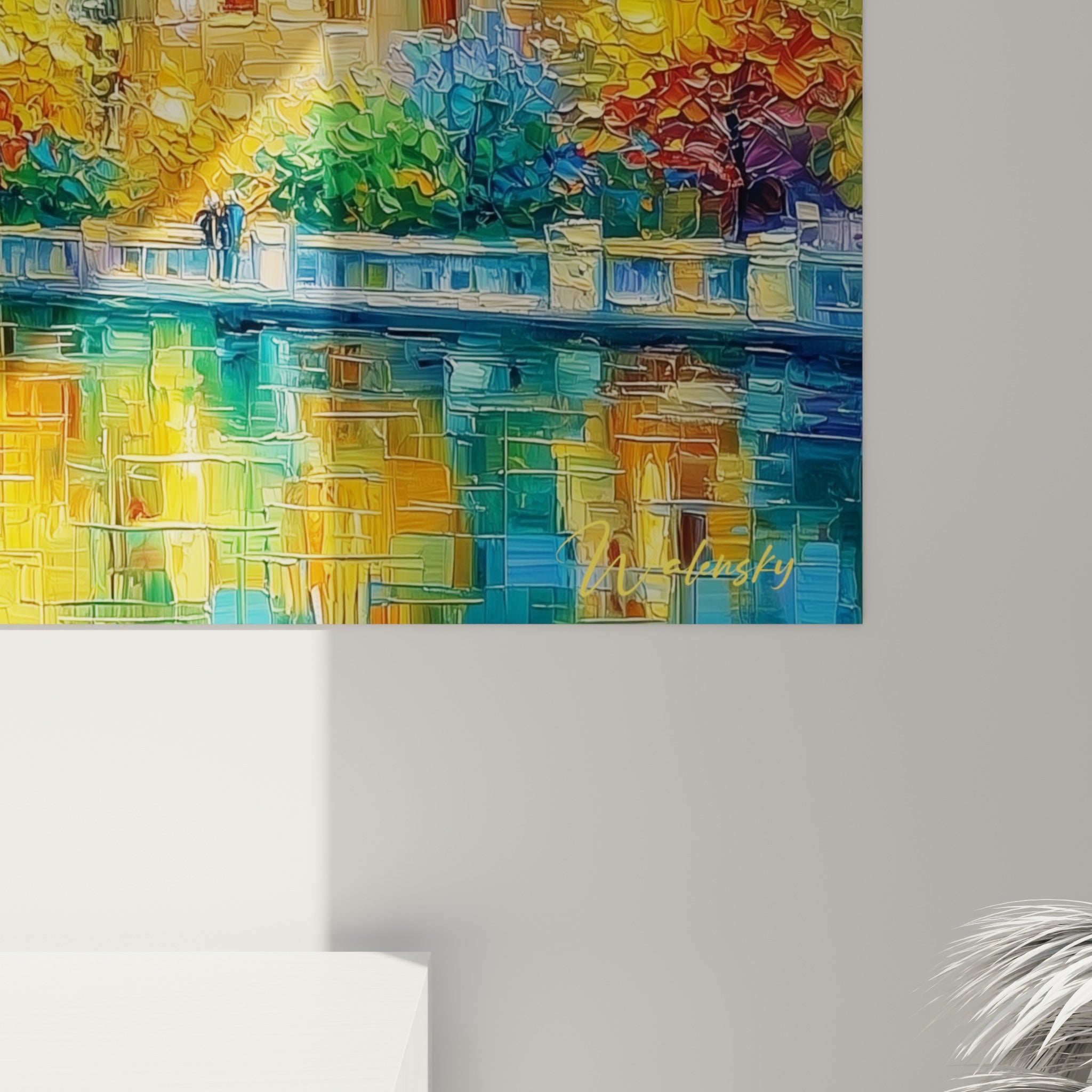 Empâtements colorés en turquoise, doré et mauve capturant la texture dense des dômes peints au couteau