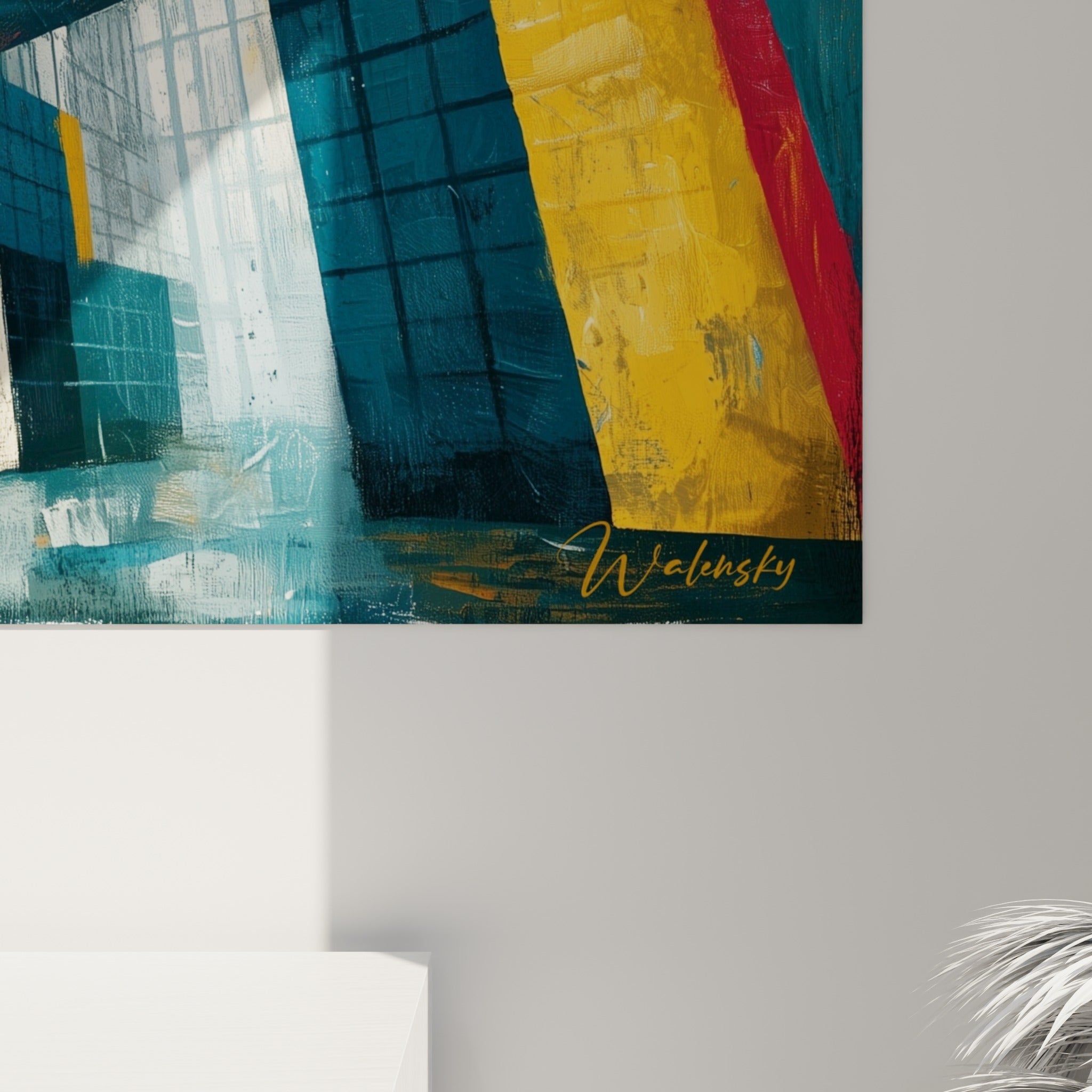 Empâtements bleu pétrole et coulures jaune moutarde visibles de près sur la toile peinte
