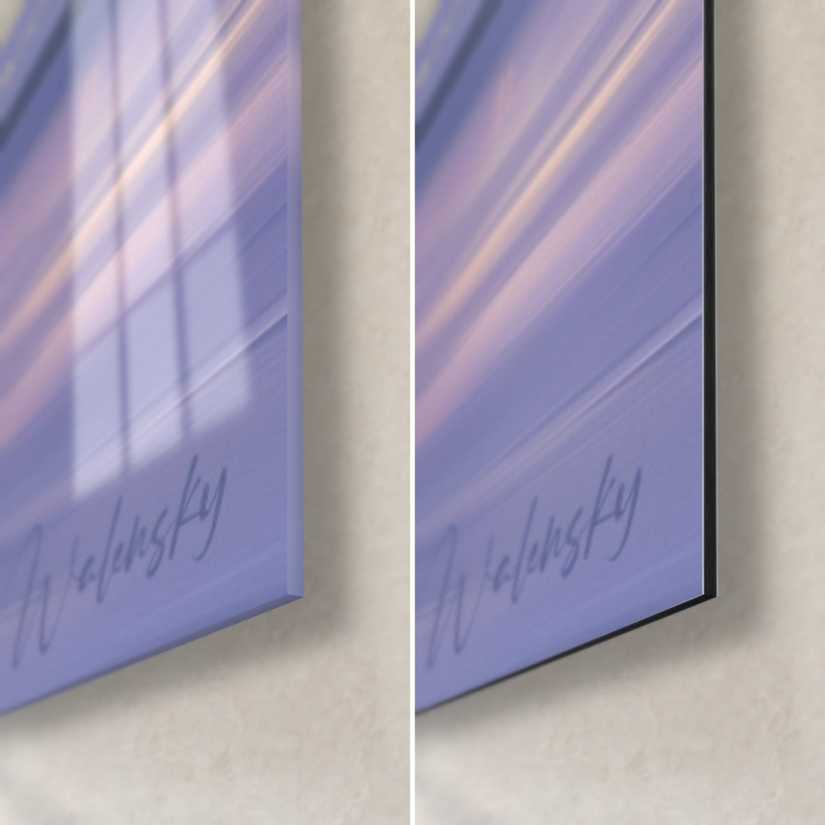 Tableau arches lavande et ciel rose, coin bas droit : verre acrylique brillant à gauche, alu Dibond mat noir à droite, tranche 3 mm