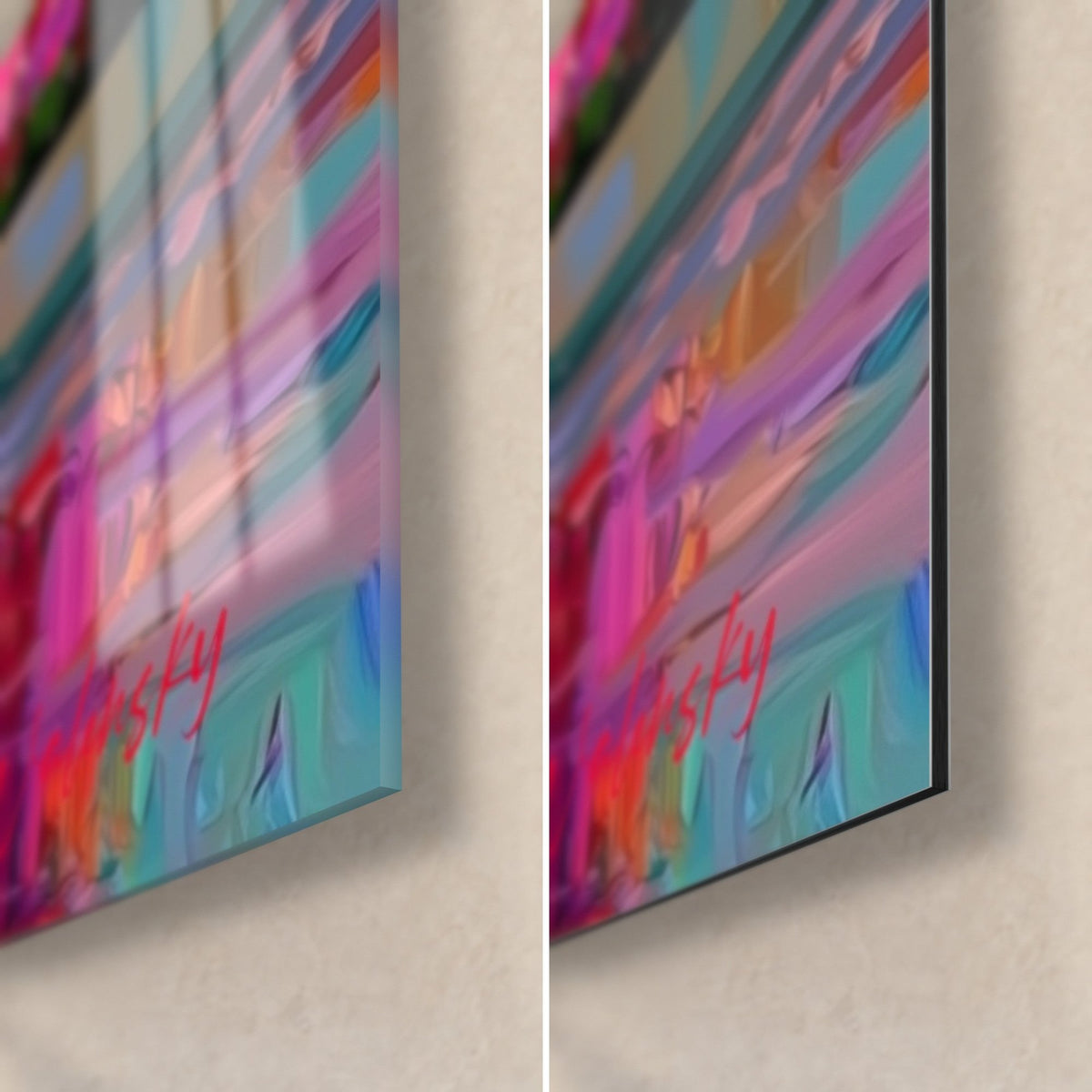 Tableau façade vitrée aux carreaux fuchsia et turquoise, coin bas droit, verre brillant et Dibond mat, tranche de 3 mm
