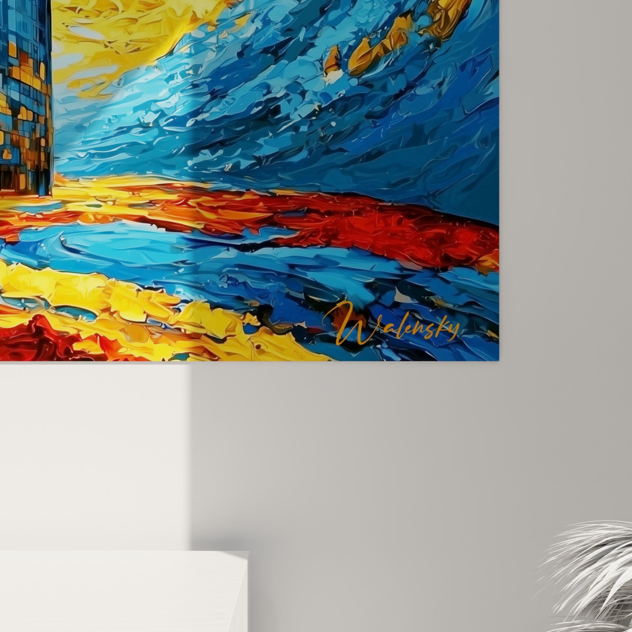 Empâtements épais de doré, rouge et bleu marine se mêlant en spirale, matière picturale visible de près