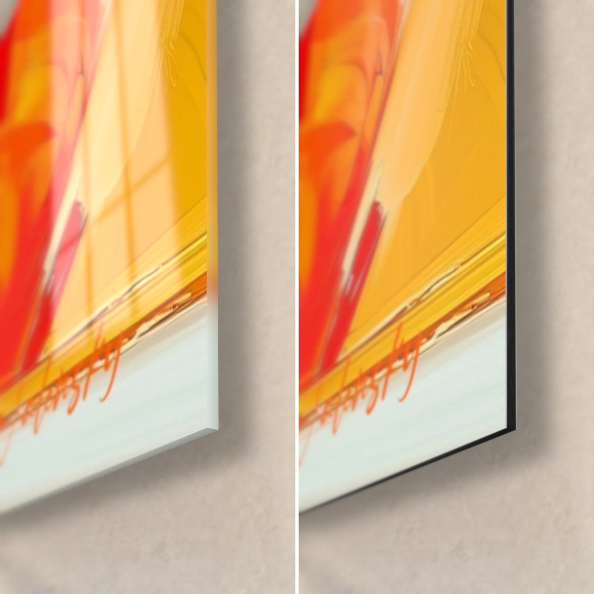 Tableau tour peinte aux touches jaune soleil et orange, coin bas droit : verre brillant à gauche, Dibond mat noir à droite