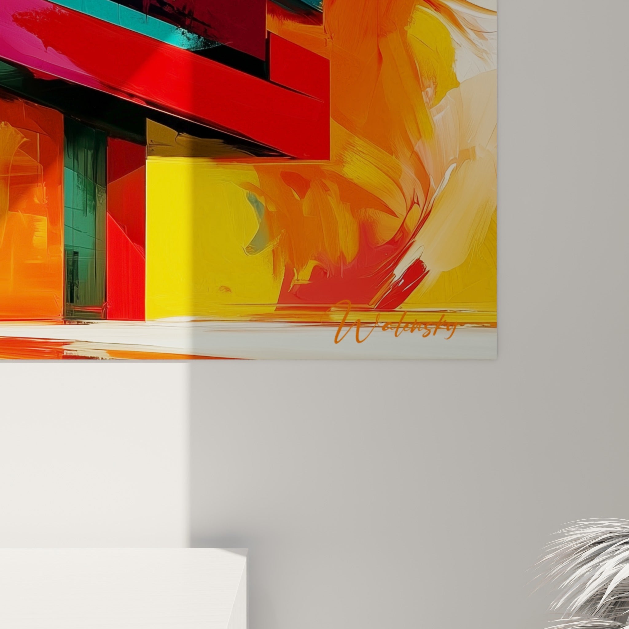 Empâtements rouges et dorés visibles sur la toile, coulures et grain de peinture texturée en gros plan