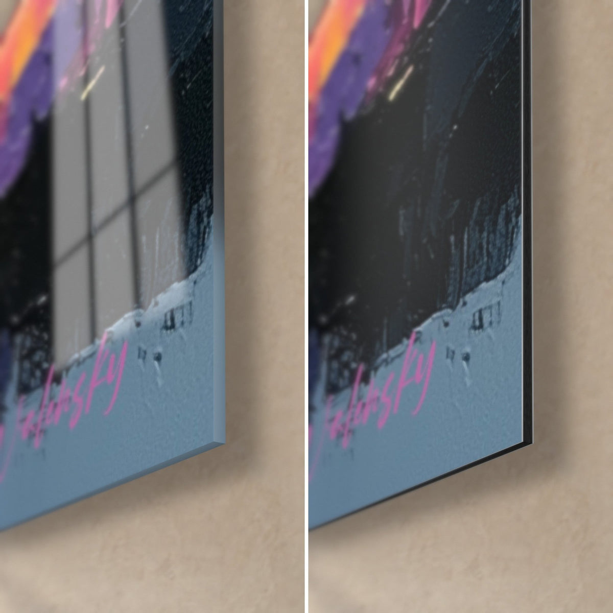 Tableau skyline au couteau, coin bas droit : verre brillant bleu et violet, Dibond mat gris, tranche noire de 3 mm