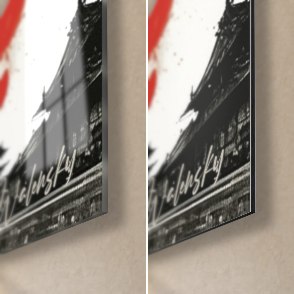 Schilderij Japanse torii in zwarte silhouet, rode spatten, rand van 3 mm: glanzend glas links, mat Dibond rechts