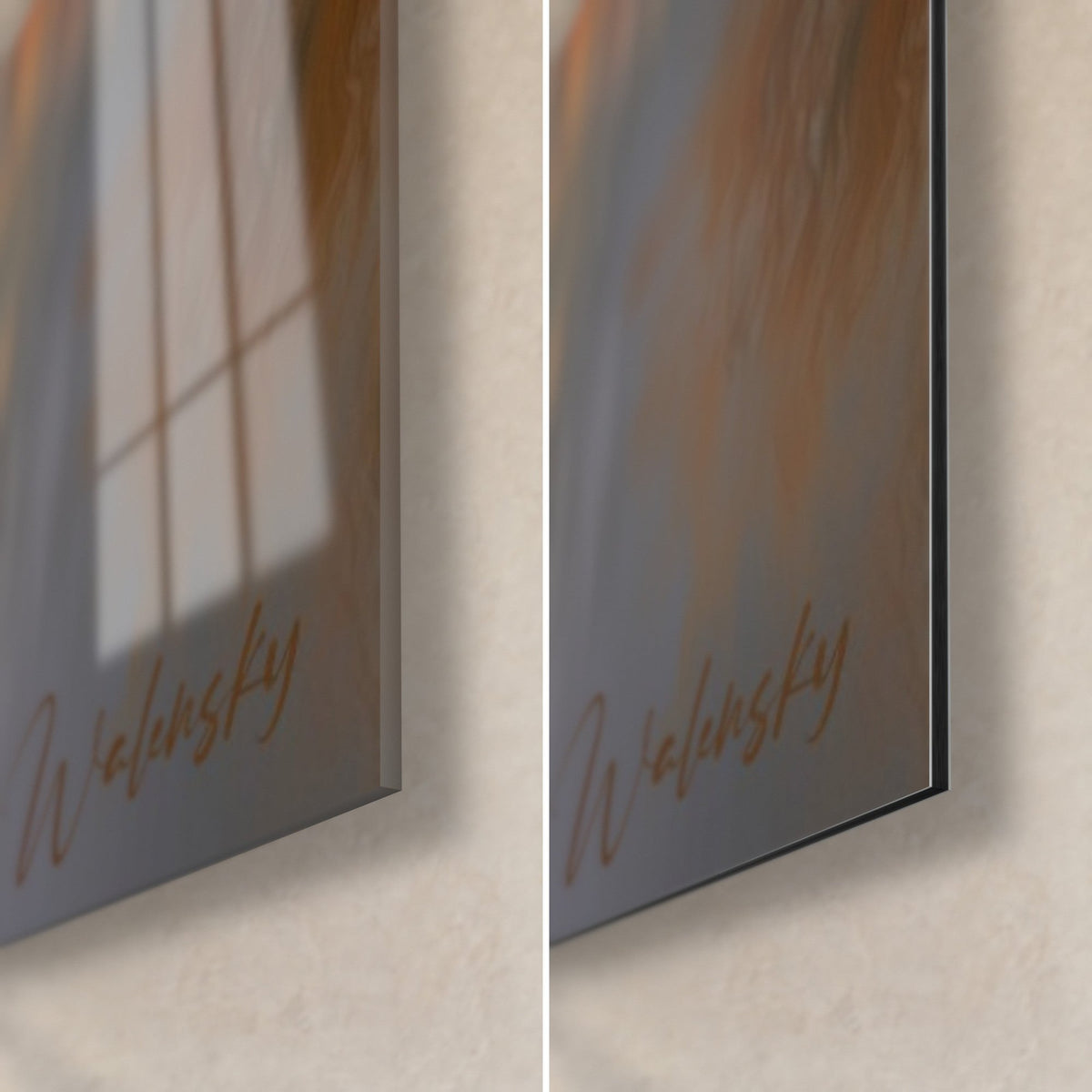 Tableau édifice orangé, coin bas droit : verre acrylique brillant à gauche, alu Dibond gris mat à droite, tranche de 3 mm