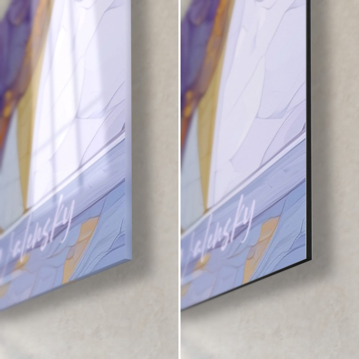 Schilderij fractale architectuur in paars en goud, rechterhoek onder: glanzend acrylglas links, mat zwart Dibond rechts, 3 mm rand