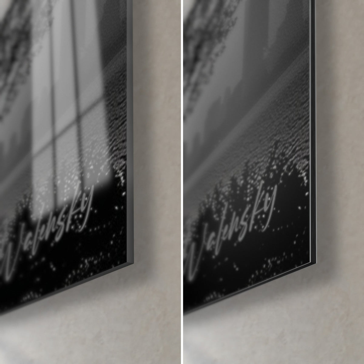 Tableau bâtiment courbé noir et blanc, coin bas droit : verre acrylique brillant et reflets à gauche, alu Dibond mat gris à droite