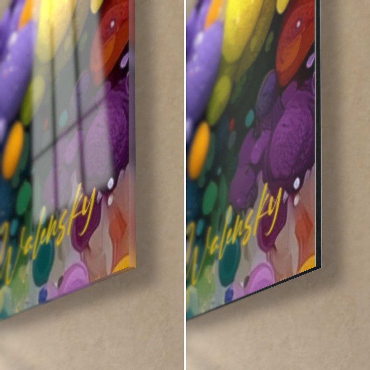 Wall art skyline of yellow and violet beads, bottom right corner: glossy acrylic glass on the left, matte black Dibond on the right, 3 mm edge