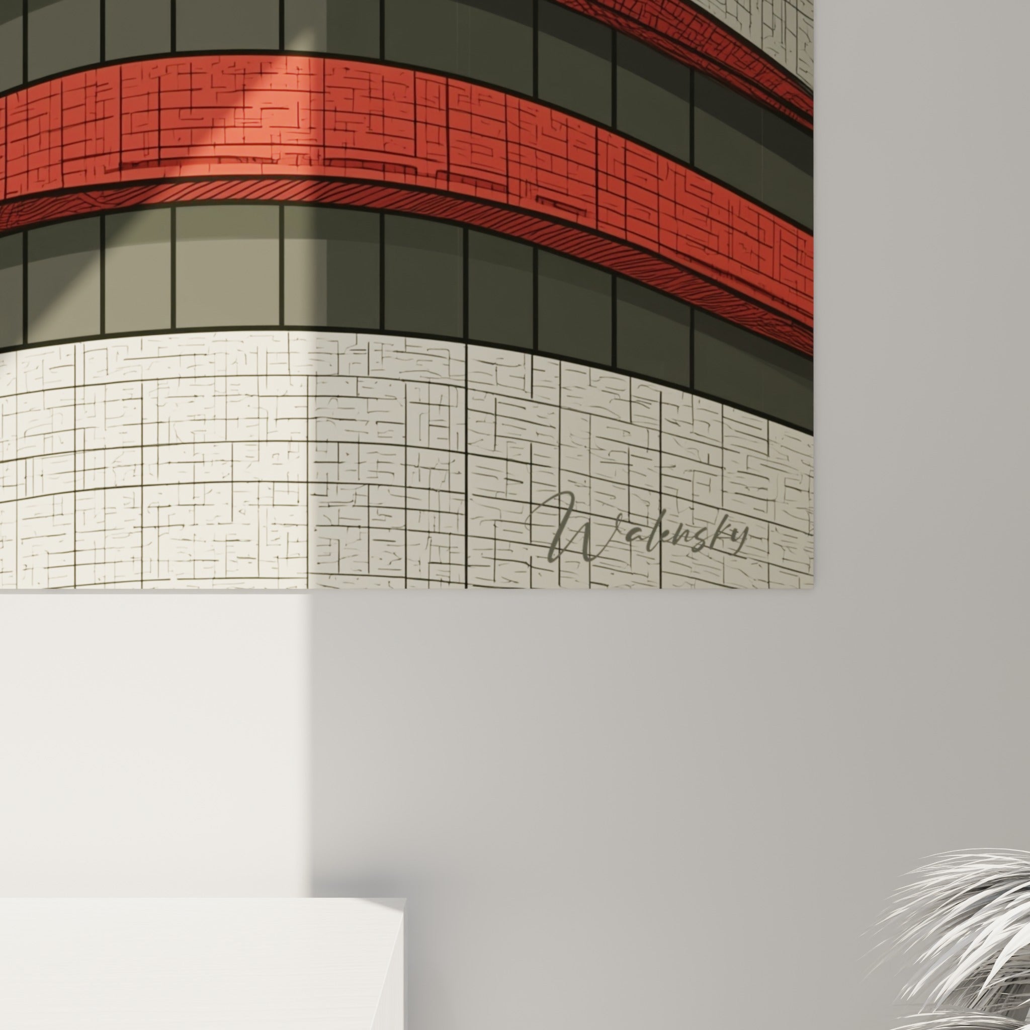 Grain du trait hachuré visible sur les courbes rouge et beige de cette architecture abstraite accrochée