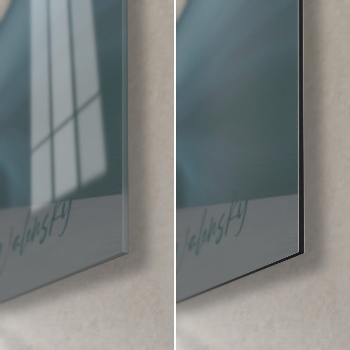 Wall art translucent pillars in glacier blue and steel grey, Walensky signature bottom right, glossy glass and matte Dibond, 3 mm edge
