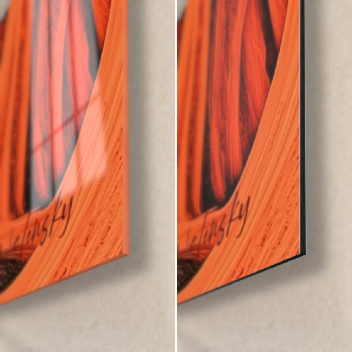 Cuadro túnel naranja y negro, esquina inferior derecha: cristal acrílico brillante a la izquierda, aluminio Dibond mate a la derecha, canto de 3 mm visible