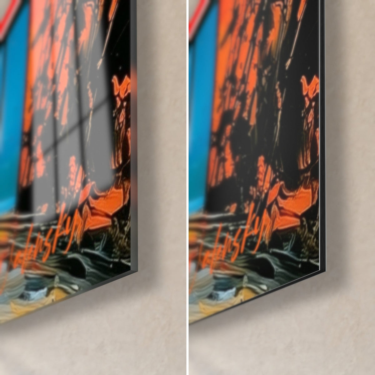 Quadro facciata in arancio e blu, angolo in basso a destra: vetro acrilico lucido a sinistra, Dibond in alluminio opaco a destra, spessore 3 mm